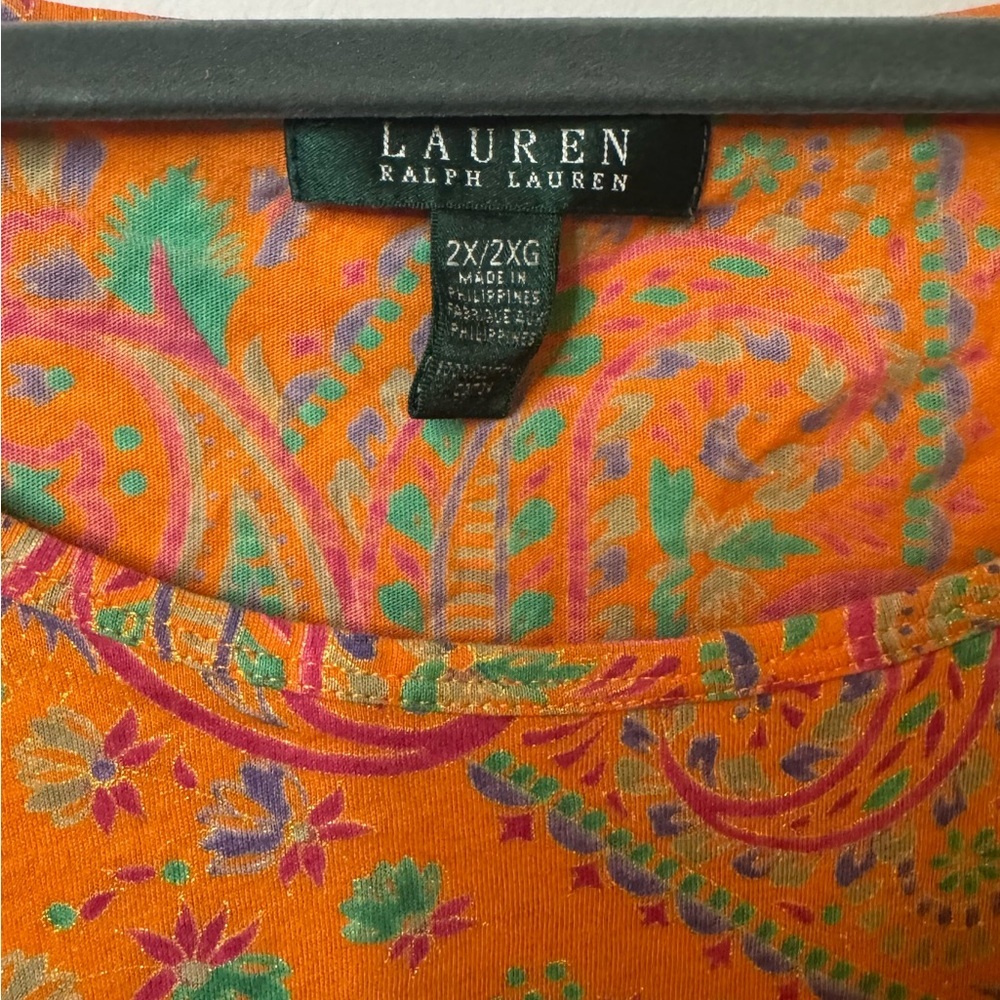 Lauren Ralph Lauren Orange Paisley Tunic with folded cuff- 2X - Picture 3 of 4